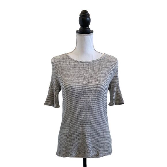 LC Lauren Conrad Smocked 3/4 Bell Sleeve Tie Back Top Black & White Size Small - Picture 2 of 5